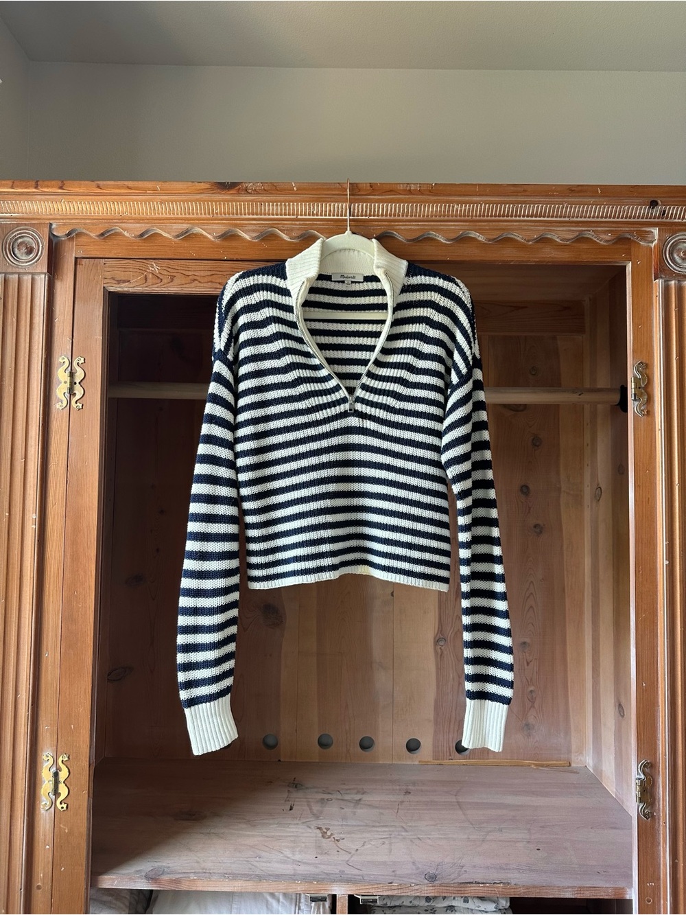 Madewell Navy & White Striped V-Neck Half-Zip Sweater